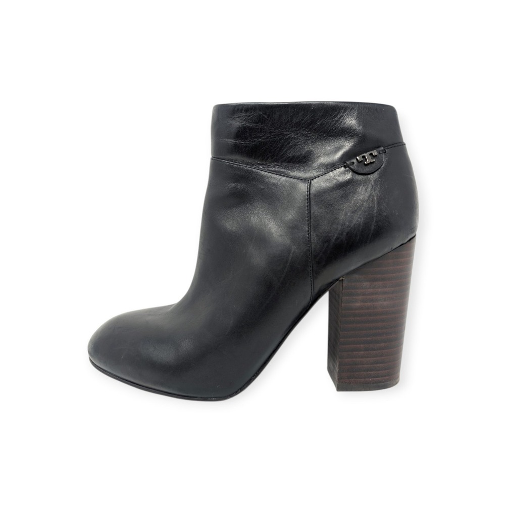 Tory Burch Fulton Bootie Black Leather Stacked Block Heel Ankle Boots US 9.5